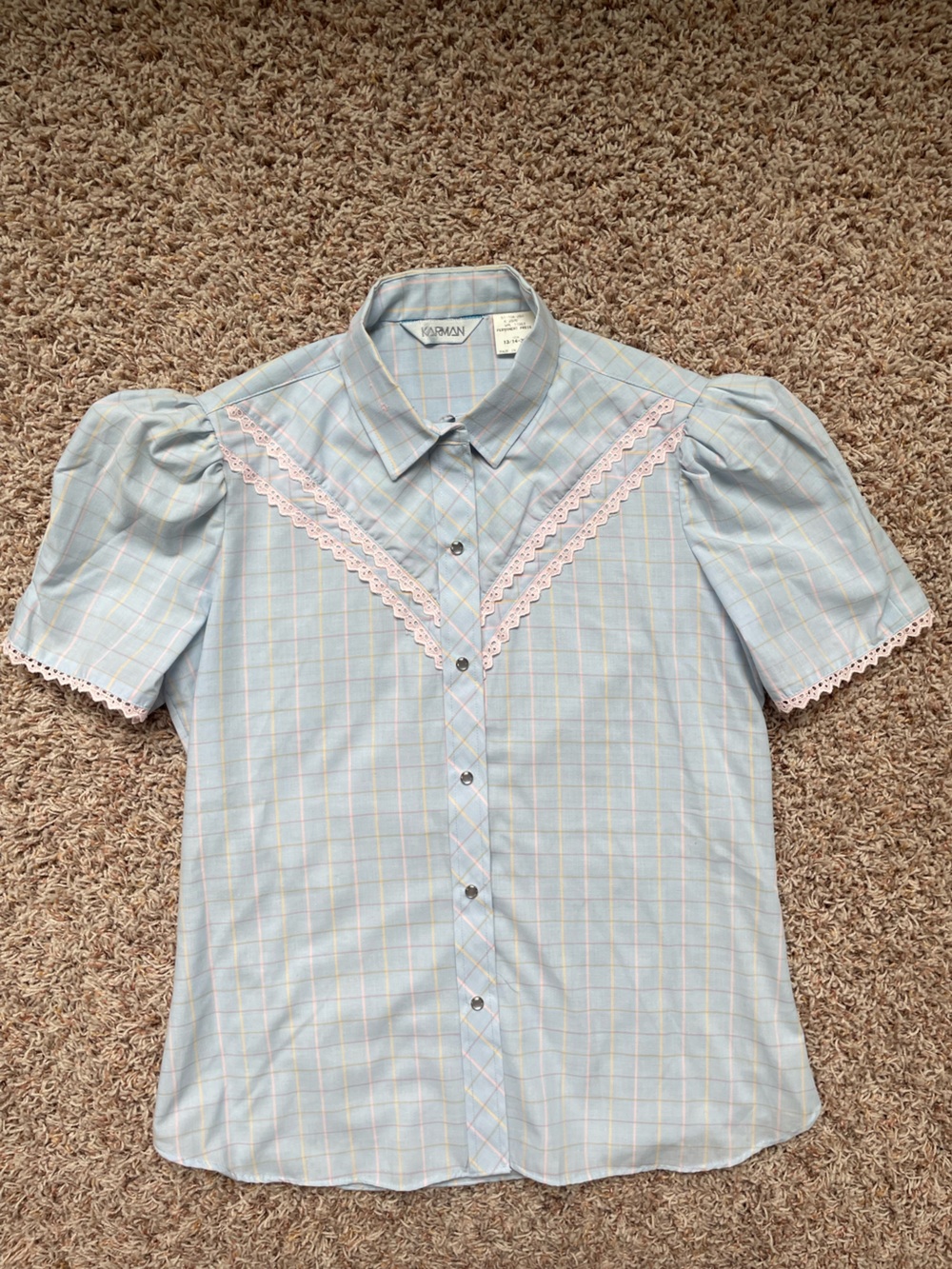 Karman Vintage Light Blue Plaid PuffSleeve Button Front Blouse Pink Lace Size 13